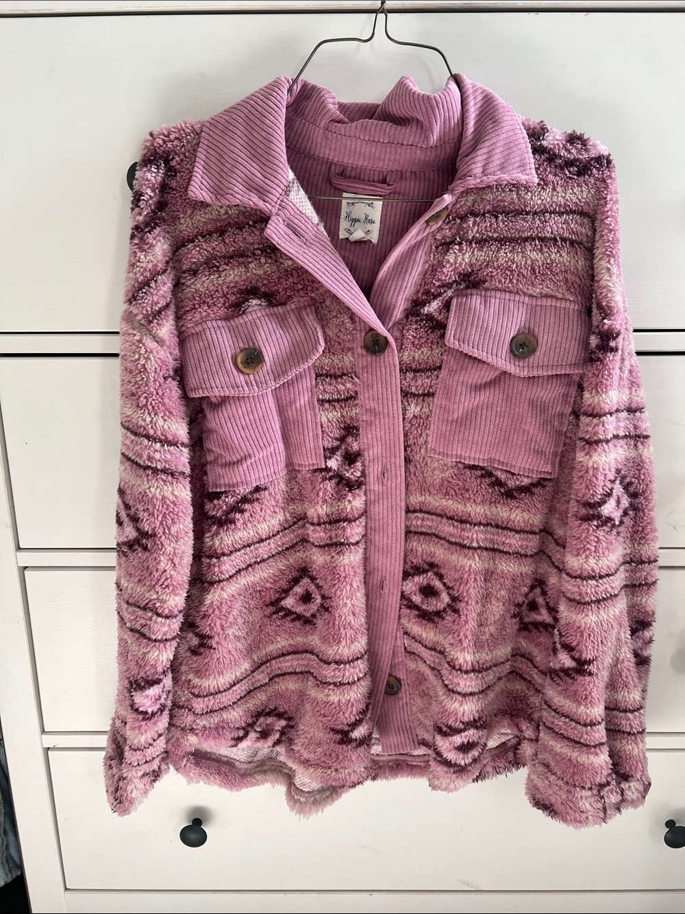 Hippie Rose Pink Plush Teddy Shacket with Corduroy Trim